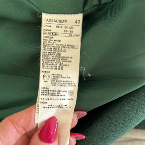 BENETON 100% Wool double breasted green coat made in Italy, size IT40, S - Picture 6 of 6